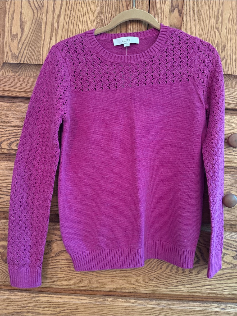 LOFT Fuchsia Crewneck Eyelet Sweater